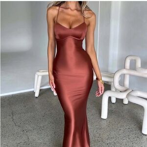 Elegant Satin Brown Maxi Dress